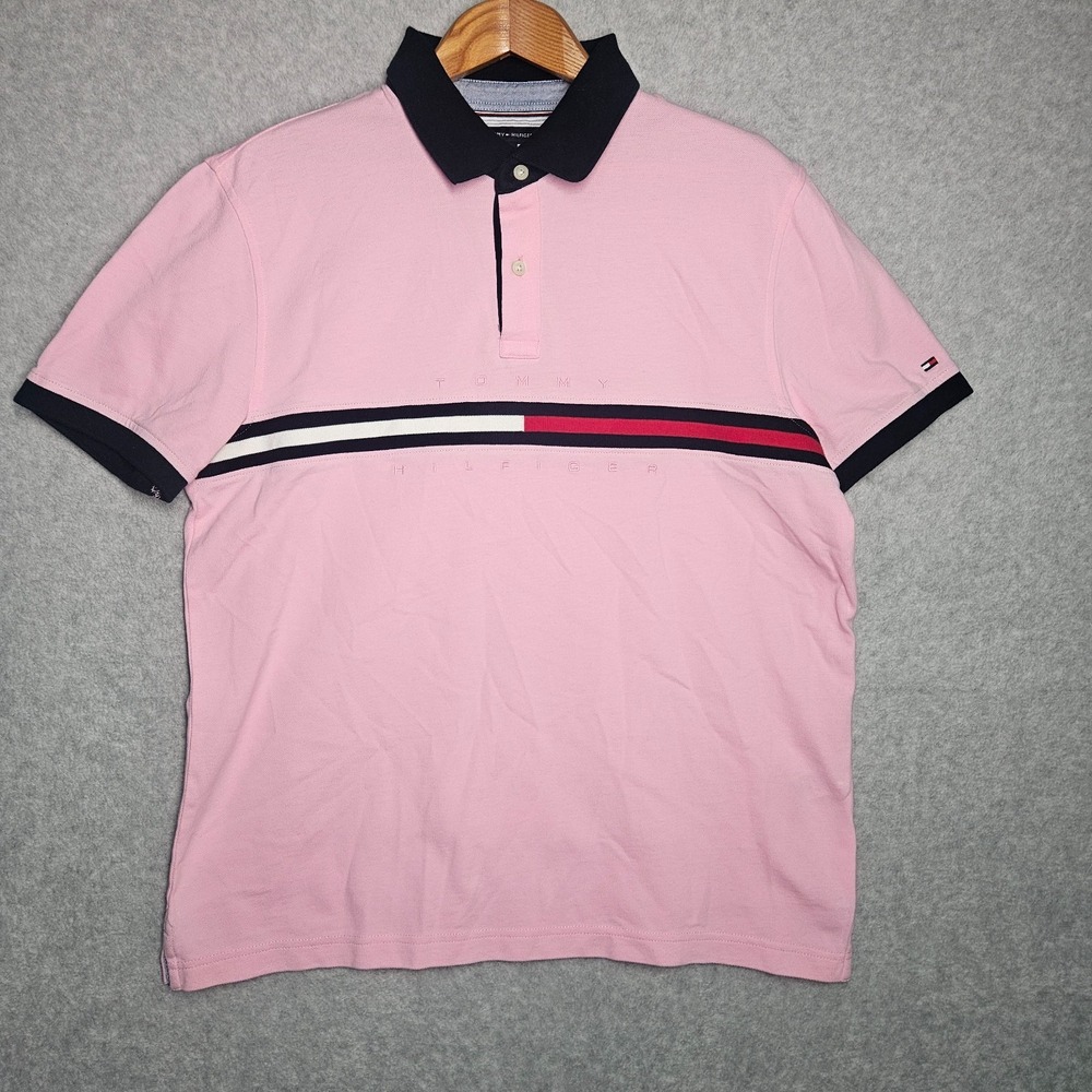 Tommy Hilfiger Polo Shirt Men Large Pink Custom Fit Short Sleeve Striped Classic